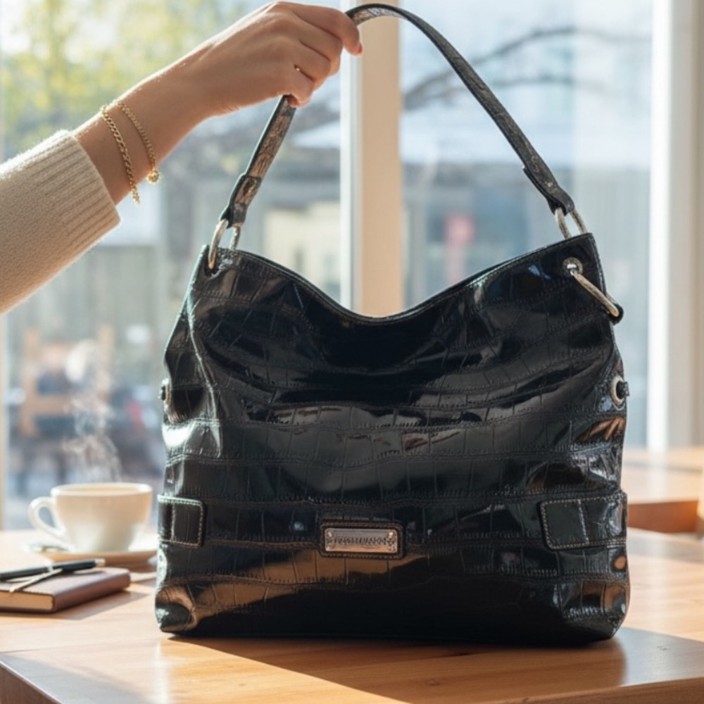 Sak Harbor®️ Black Croc Embossed Hobo Tote Bag